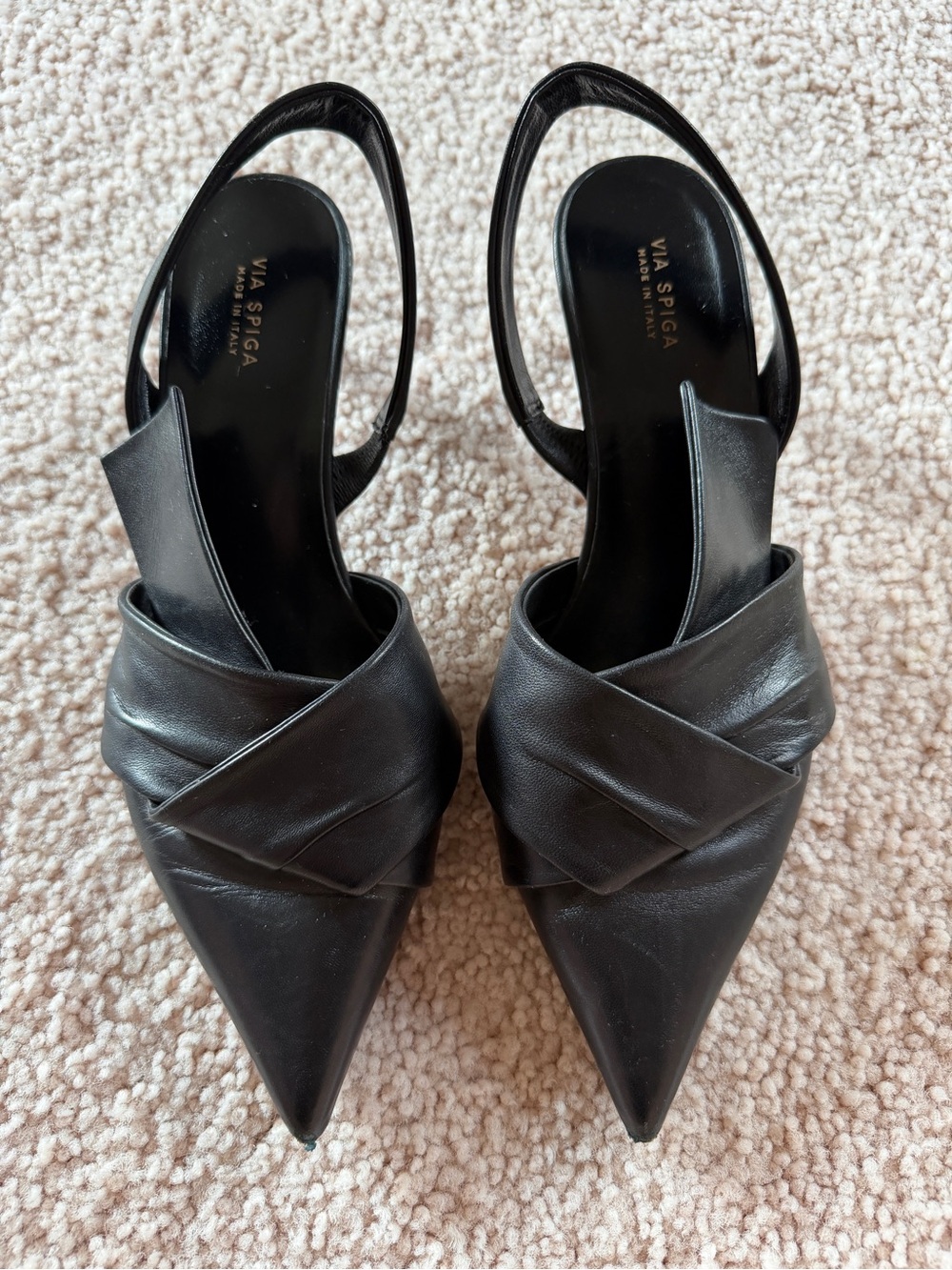 Via Spiga Black Pointed Leather Slingback Kitten Heels